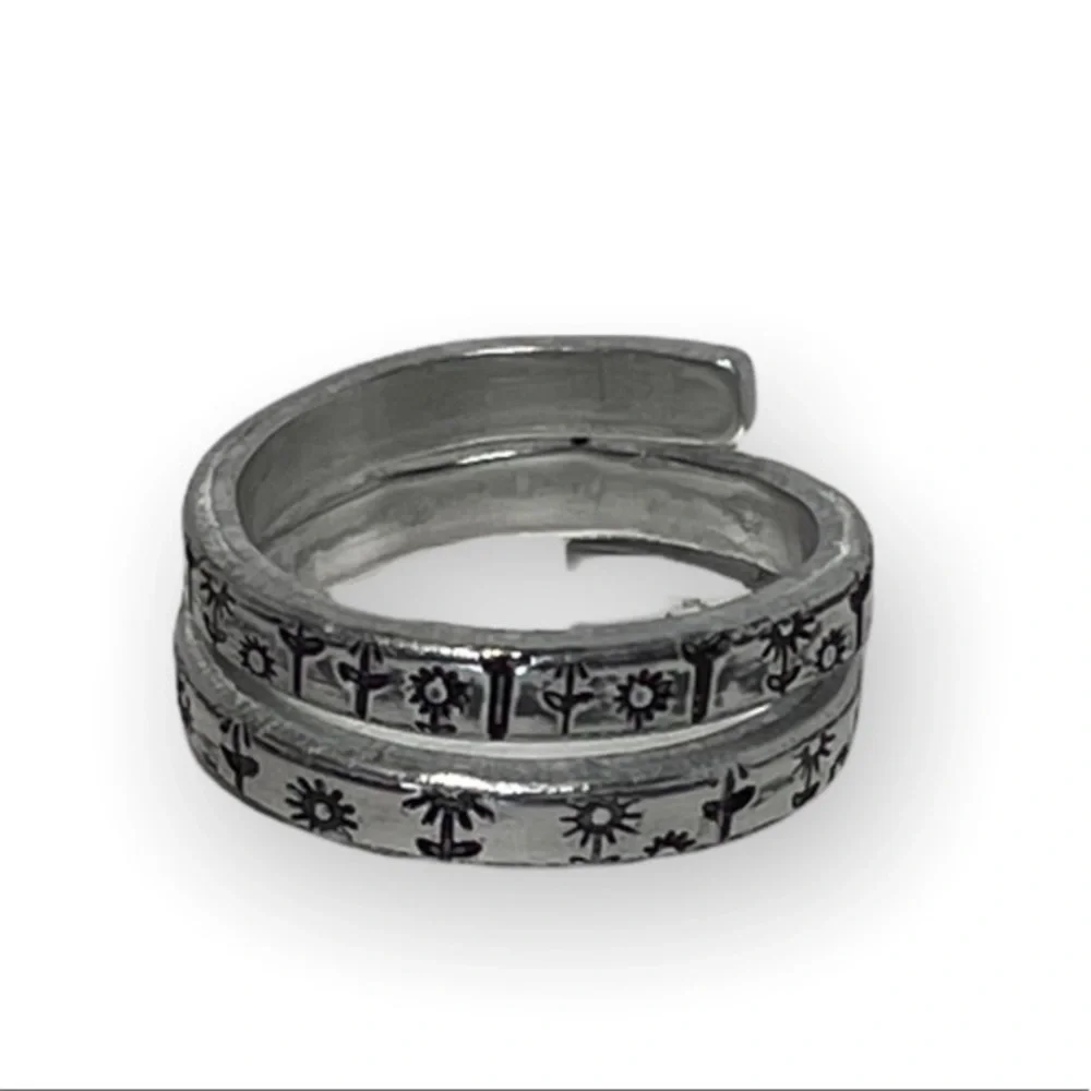 Handmade 8‎ stamped flower pattern silver adjustable hypoallergenic wrap ring